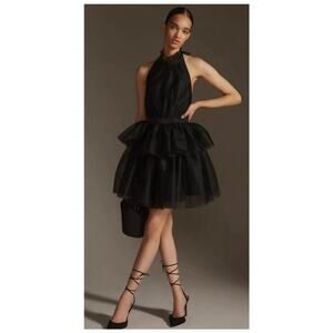Anthro Hutch Tulle Halter Mini Dress Backless Solid Black Size 12 New